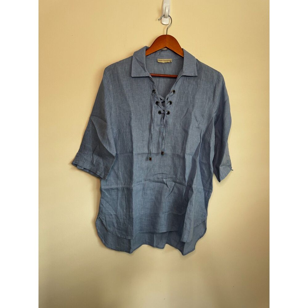Mudo Collection Women's 100% Blue Linen Blouse Size 8